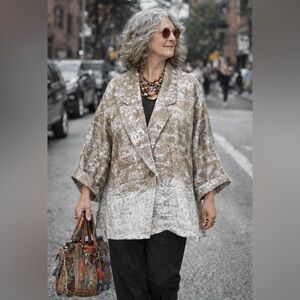 Marla Wynne Jacket Sz L Oversize Drapey Taupe Kimono Tapestry Jacquard Lagenlook